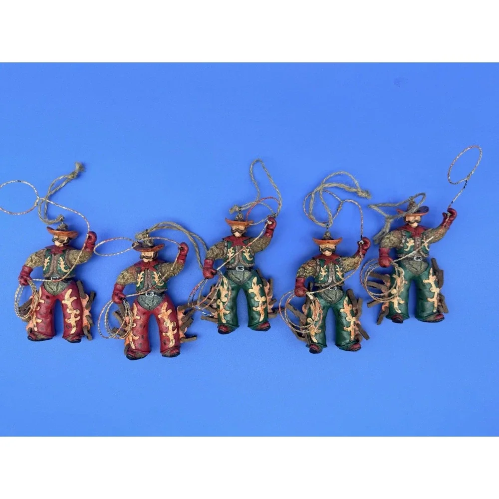 Vintage Cowboy Christmas Ornaments Set 5 Western Rodeo Lasso Suede Chaps
